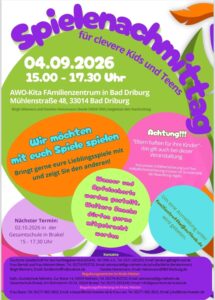 Plakat zum Spielenachmittag für clevere Kids und Jugendliche am 04.09.2026 in Bad Driburg.